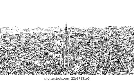 Strasbourg, France. The historical part of the city, Strasbourg Cathedral. Doodle sketch style. Aerial view