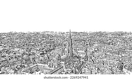 Strasbourg, France. The historical part of the city, Strasbourg Cathedral. Doodle sketch style. Aerial view