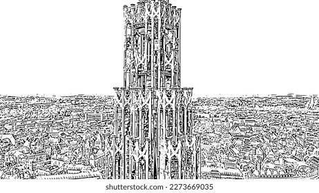 Strasbourg, France. The historical part of the city, Strasbourg Cathedral. Doodle sketch style. Aerial view