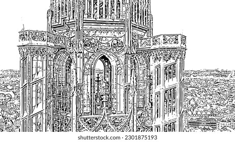 Strasbourg, France. The historical part of the city, Strasbourg Cathedral. Doodle sketch style. Aerial view