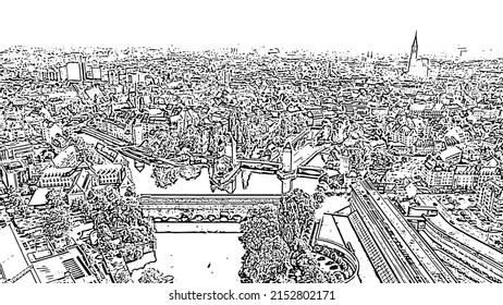 Strasbourg, France. Quarter Petite France, Vauban Dam. Doodle sketch style. Aerial view