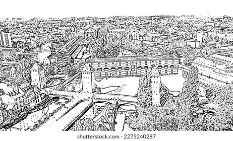 Strasbourg, France. Quarter Petite France, Vauban Dam. Doodle sketch style. Aerial view