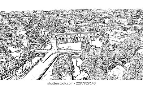 Strasbourg, France. Quarter Petite France, Vauban Dam. Doodle sketch style. Aerial view