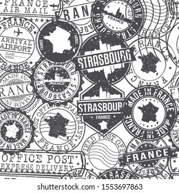 Strasbourg France Stamps Background. City Stamp Vector Art. Postal Passport Travel. Design Set Pattern.
