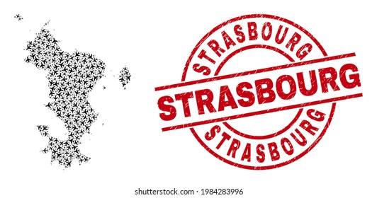Strasbourg grunge badge, and Mayotte Islands map mosaic of aircraft elements. Mosaic Mayotte Islands map constructed of aircraft. Red stamp with Strasbourg text, and corroded rubber texture.