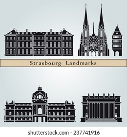 Strasbourg landmarks and monuments isolated on blue background in editable vector file