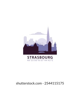 Strasbourg logo with skyline, cityscape retro vector icon. France city horizon, facade, travel logotype