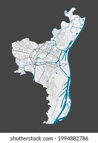 Strasbourg map. Detailed map of Strasbourg city administrative area. Cityscape panorama. Royalty free vector illustration. Outline map with highways, streets, rivers. Tourist decorative street map.