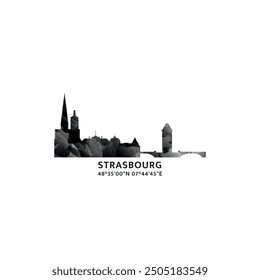 Strasbourg panorama, vector badge, skyline logo and icon. France, Alsace region city horizon logotype with landmarks and building silhouettes. Isolated foggy abstract gradient graphic