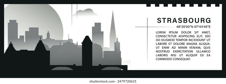 Strasbourg skyline vector banner, black and white minimalistic cityscape silhouette. France Alsace city horizontal graphic, travel infographic, monochrome layout for website