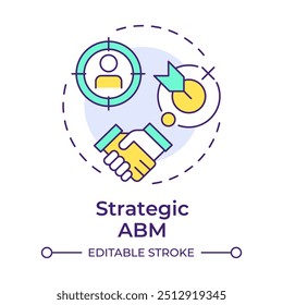 Icono estratégico del concepto multicolor de ABM. Estrategia de marketing, personalización de Cuentas. Ilustración de línea de forma redonda. Abstractas idea. Diseño gráfico. Fácil de usar en infografía, presentación