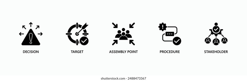 Plan De Acción Estratégica Anuncio Web Icono Concepto De Ilustración vectorial Con Icono De Decisión, Objetivo, Punto De Reunión, Procedimiento, Parte Interesada