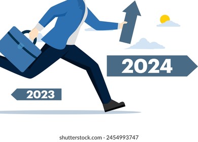 Planificación estratégica de acciones en el nuevo año 2024, fijación de objetivos empresariales para alcanzar la cima, visión de futuro de negocio o desarrollo profesional en 2024. Ilustración vectorial plana sobre fondo blanco.