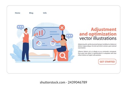 Strategische Anpassung und Optimierung. Eine anschauliche Vektorgrafik, die die Zusammenarbeit eines Teams bei der Verfeinerung und Verbesserung der Strategien einer Marke für optimale Leistung zeigt. Flache Vektordarstellung.