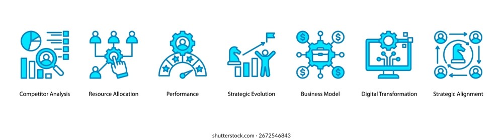 Ilustração de vetor de banner da Web de alinhamento estratégico com análise da concorrência, alocação de recursos, desempenho, evolução estratégica, modelo de negócios e transformação digital.