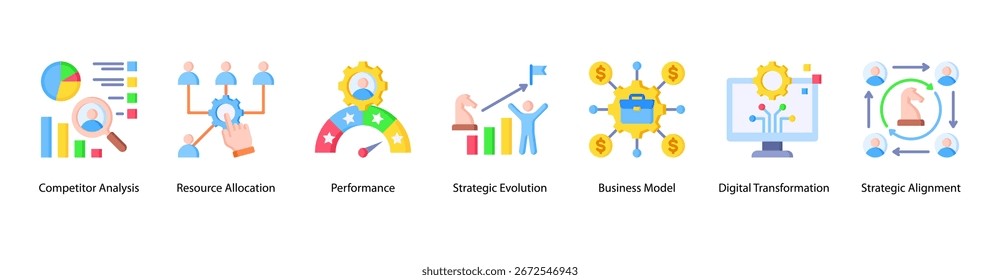 Ilustração de vetor de banner da Web de alinhamento estratégico com análise da concorrência, alocação de recursos, desempenho, evolução estratégica, modelo de negócios e transformação digital.