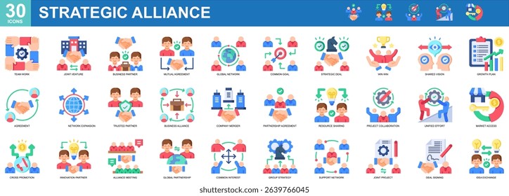 "Strategic Alliance" Collection of 30 icons related to Team Work, Joint Venture, Business Partner, Mutual Agreement, Global Network, Common Goal, Strategic Deal, Simple Flat Style