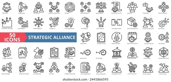 Strategic alliance icon collection set. Containing partnership, collaboration, joint venture, cooperative agreement, synergy, shared objective, mutual benefit icon. Simple line vector.