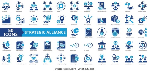 Strategic alliance icon collection set. Containing partnership, collaboration, joint venture, cooperative agreement, synergy, shared objective, mutual benefit icon. Simple flat vector.