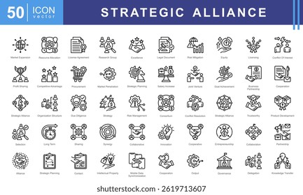 Conjunto de coleta de ícones da Aliança Estratégica. Contendo parceria, colaboração, empreendimento conjunto, acordo de cooperação, sinergia, objetivo compartilhado, ícone de benefício mútuo.