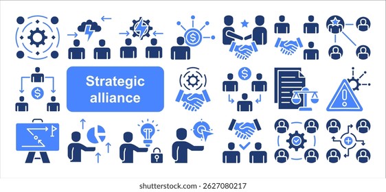 Conjunto de coleta de ícones da aliança estratégica. Contendo parceria, colaboração, empreendimento conjunto, acordo de cooperação, sinergia, objetivo compartilhado, ícone de benefício mútuo. Vetor plano simples.