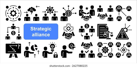 Conjunto de coleta de ícones da aliança estratégica. Contendo parceria, colaboração, empreendimento conjunto, acordo de cooperação, sinergia, objetivo compartilhado, ícone de benefício mútuo. Vetor plano simples.