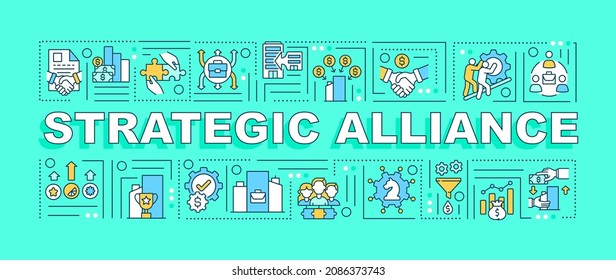 Strategic alliance word concepts banner. Business expansion strategy. Infographics with linear icons on blue background. Isolated creative typography. Vector outline color illustration with text