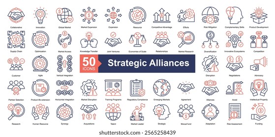 Strategic Alliances Icon Collection Set.Containing collaborative, innovation, global market, market expansion icon. Simple dual tone style Vector Illustration.	