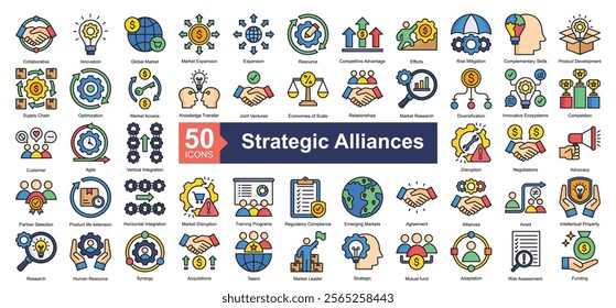 Strategic Alliances Icon Collection Set.Containing collaborative, innovation, global market, market expansion icon. Simple lineal style Vector Illustration.	