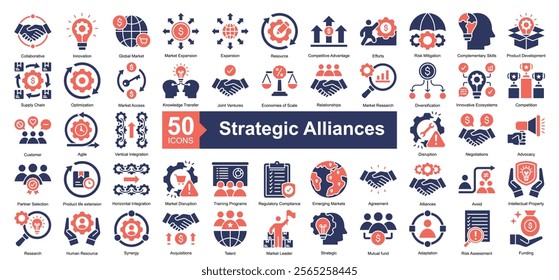 Strategic Alliances Icon Collection Set.Containing collaborative, innovation, global market, market expansion icon. Simple dual tone style Vector Illustration.	