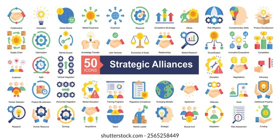 Strategic Alliances Icon Collection Set.Containing collaborative, innovation, global market, market expansion icon. Simple flat style Vector Illustration.	