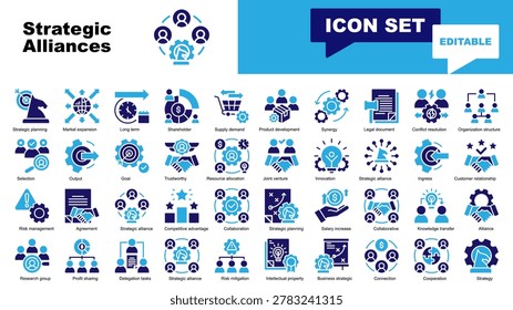 Strategic Alliances icon set. Vector icons for Strategic, alliance, Competitive advantage, Collaboration, Strategic planning, Salary increase, Knowledge transfer, Research group, Profit sharing
