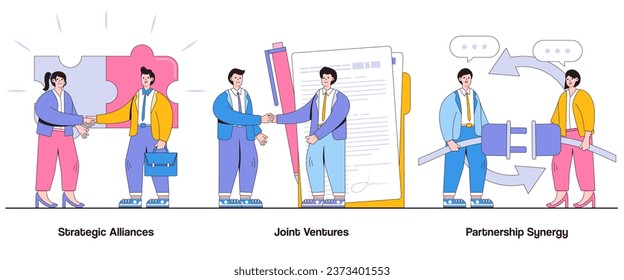 Alianzas estratégicas, empresas conjuntas, concepto de sinergia de asociación con carácter. Conjunto de ilustraciones vectoriales abstractas de asociaciones colaborativas. Recursos compartidos, beneficios mutuos, expansión del mercado.