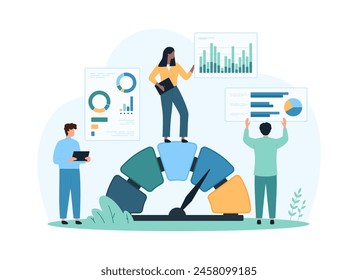 Strategic analysis of business product in benchmark performance. Tiny people compare metrics report and test charts information on dashboard with evaluation tools cartoon vector illustration