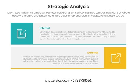 Análisis estratégico Concepto de comparación interna y externa para Anuncio de Plantilla de infografía con caja de rectángulo larga Pila Horizontal con lista de dos puntos Información Vector
