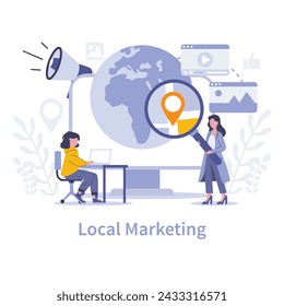 Strategic approaches in marketing concept. Local Marketing. Spotlight on geo-targeted advertising and community engagement online. Tailored digital strategies. Vector illustration.