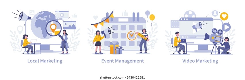 Strategic approaches in marketing set. Focusing on local outreach, event organization, and video content production. Vector illustration.