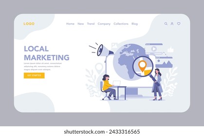 Strategische Ansätze in Marketing Web oder Landing Page. Lokales Marketing. Geozielte Werbung und das Engagement der Gemeinschaft im Internet im Rampenlicht. Maßgeschneiderte digitale Strategien. Vektorgrafik.