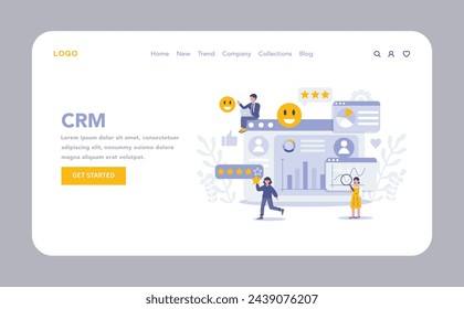 Strategic approaches in marketing web or landing page. CRM strategy. Streamlining customer interactions and data for enhanced relationship management. Vector illustration.