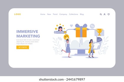 Strategic approaches in marketing web or landing page. Immersive Experiences. Engaging customers with interactive marketing and rewards. Personalized digital promotions. Vector illustration.