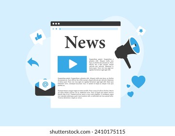 Strategic article marketing for brand success. MarTech content, advertising news, social media strategy. Boost brand presence with strategic article publication and press releases. Vector illustration