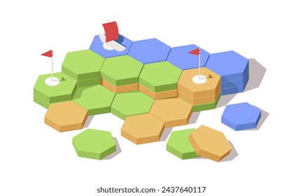 Strategic board game with tiles. Put chip onto another one. Competitive game for several player. Interesting table game. Isolated on white background. Isometric vector illustration