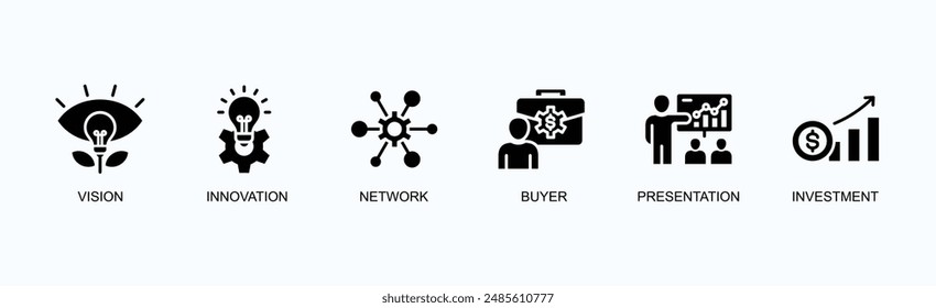 Strategic Business Development Banner Web Icon Vector Illustration Concept With Vision, Innovation, Network, Buyer, Presentation, Investment