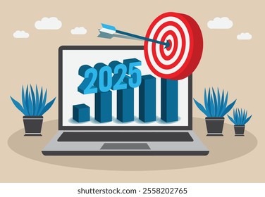 Strategic Business Goals and Growth Targets for 2025 Displayed on Laptop Screen with Arrow Hitting Bullseye.