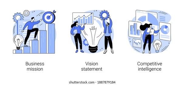 Strategische bedrijfsplanning abstract concept vectorillustratieset. Bedrijfsmissie, visie statement, competitieve intelligentie, doelen en filosofie, merksucces, loyaliteit abstracte metafoor.