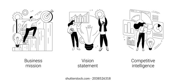 Strategic business planning abstract concept vector illustration set. Business mission, vision statement, competitive intelligence, goals and philosophy, brand success, loyalty abstract metaphor.