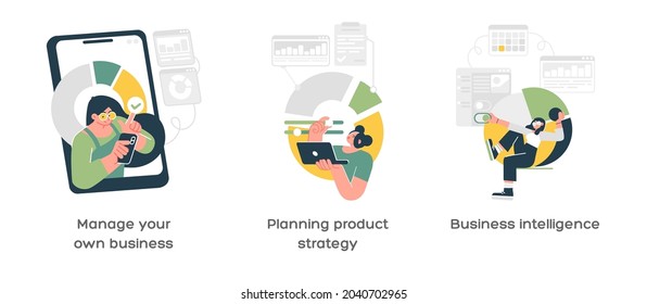 Conjunto de ilustraciones vectoriales de concepto abstracto de planificación empresarial estratégica. Gestionar negocios, estrategia de productos de Planning, metáforas abstractas de Business Intelligence