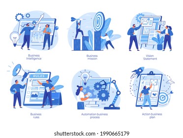 Strategic business planning, automation process. Business mission, rules, vision statement, competitive intelligence, goals action plan, brand success, loyalty abstract metaphor, teamwork set