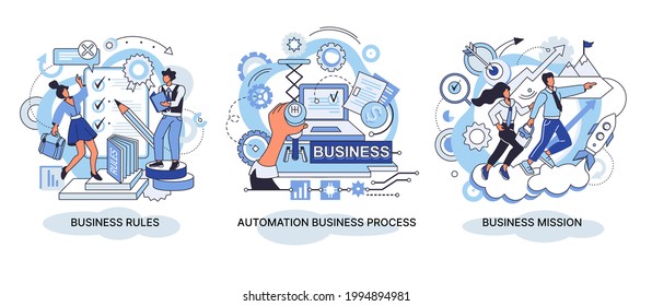 Strategic business planning, automation process. Business mission, rules, vision statement, competitive intelligence, goals action plan, brand success, loyalty abstract metaphor, teamwork set