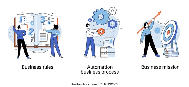 Strategic business planning, automation process. Business mission, rules, vision statement, competitive intelligence, goals action startup plan, brand success, loyalty abstract metaphor, teamwork set